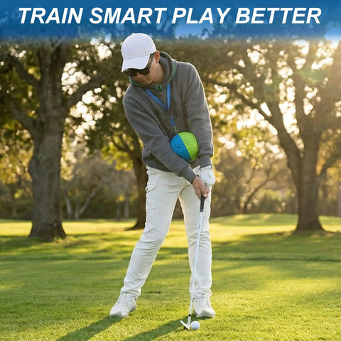 Golfer using Golf Swing Training Ball With Lanyard For Instant Feedback And Consistent Swings in park setting