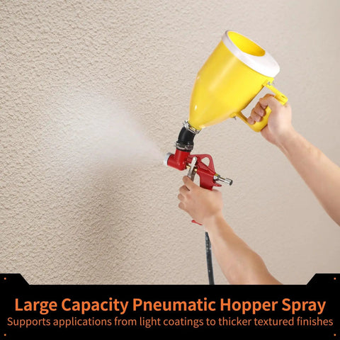 Built Tough Pneumatic Drywall Texture Sprayer Hopper With Bent Tube And No Fuss Top Ups Using 0.8 Gallon Cup And Three Quick Swap Tips For Walls Ceilings Stucco Plaster Waterproof Painting in action spraying texture