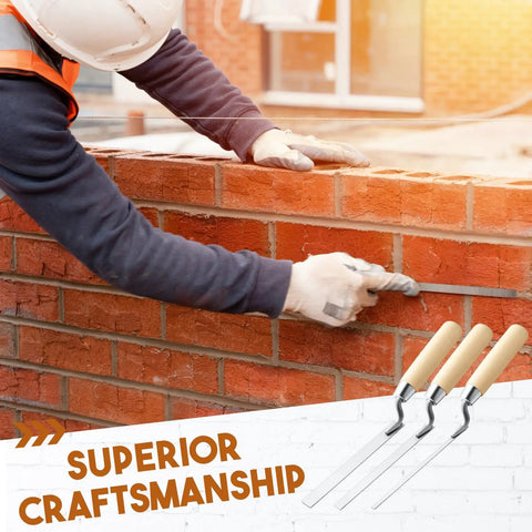 Worker using Pro Grade Three Piece Tuck Pointing Trowel Set with Wood Handle for mortar repair on brick wall