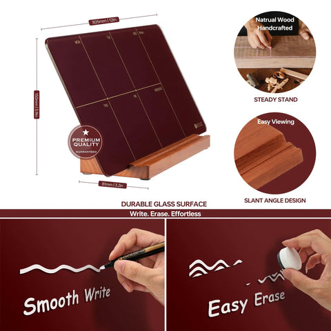Your Desk Go To Weekly Glass Dry Erase Board With Detachable Wood Stand In Burgundy Red Small Desktop Calendar To Do List Planner Whiteboard 12x6 with marker and eraser