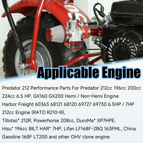 24mm PWK Carburetor Intake Manifold Kit installed on red go-kart with Predator 212cc engine close-up