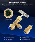 R134a Can Tap Puncture Style Refrigerant Dispenser With Tank Adapter, brass construction, 1/4 to 1/2 inch hose adapters shown