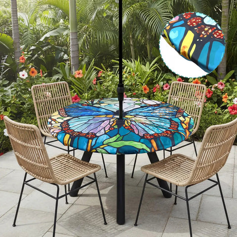 Butterfly Pattern Round Outdoor Tablecloth With Umbrella Hole And Zipper, Waterproof And Anti Wrinkle Cover For 45 To 53 Inch Patio Tables
