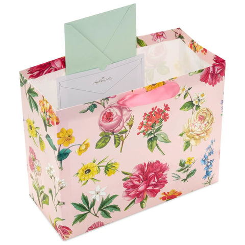 Large 13 Inch Wide Gift Bag With Tissue Paper Vintage Floral Pink Bow Ideal For Mothers Day Valentines Day Easter Bridal Showers