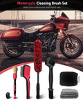 Six Piece Motorcycle Cleaning Kit With Boar Hair Detailing Brush Pro Safe For Chrome, Chains, Tires And Engine in front of motorcycle