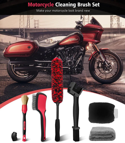 Six Piece Motorcycle Cleaning Kit With Boar Hair Detailing Brush Pro Safe For Chrome, Chains, Tires And Engine in front of motorcycle
