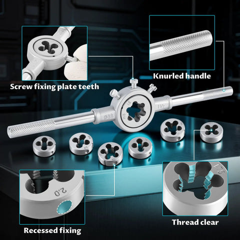 Pro Grade Gear 110 Piece Tap And Die Set For Metric Threading M2 To M18 With Case Includes 70 Taps And 35 Dies Two Tap Wrenches Two Die Wrenches T Handle Tap Wrench Perfect For Internal And External Threading And Rethreading close-up of die pieces and wrench with handle details.