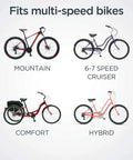 Image showing various bikes: mountain, 6-7 speed cruiser, comfort, hybrid, compatible with Bike Chain Replacement One Half Inch By Three Thirty Second Inch, 112 Links, Derailleur Chain For Mountain Hybrid And Cruiser Bikes, Fits Most Adult Shifter Bicycles, Keeps Your Ride Smooth On Six To Seven Speed.