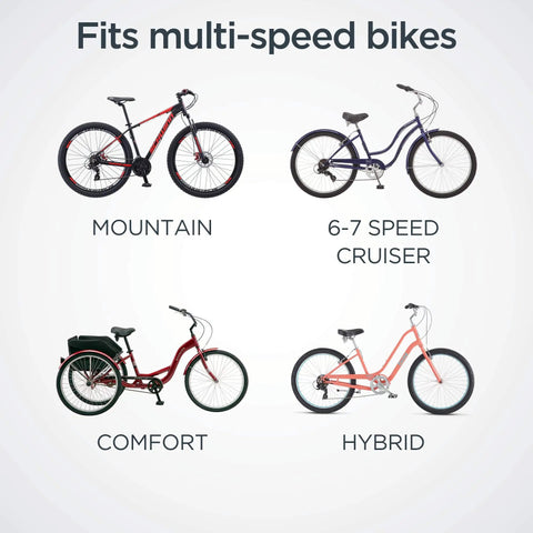 Image showing various bikes: mountain, 6-7 speed cruiser, comfort, hybrid, compatible with Bike Chain Replacement One Half Inch By Three Thirty Second Inch, 112 Links, Derailleur Chain For Mountain Hybrid And Cruiser Bikes, Fits Most Adult Shifter Bicycles, Keeps Your Ride Smooth On Six To Seven Speed.