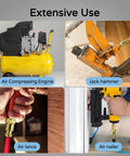 Beefy Heavy Duty Brass One Quarter Inch NPT Male Air Hose Adapter Kit With Quick Connect Fittings Coupler And Plug Four Piece Air Compressor Fittings Set Industrial Grade Rust Resistant Durable in use with various tools like air compressor, jack-hammer, air lance, and air nailer.