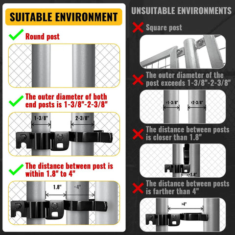 Diagram showing suitable and unsuitable environments for Black Chain Link Gate Latch For Fence Posts Spaced 1-3/8 To 2-3/8 Inches