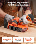 Workhorse Grade 3 By 21 Belt Sander With 7 Amp Motor And Six Variable Speeds in use on wood surface for sanding.