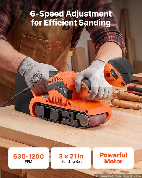 Workhorse Grade 3 By 21 Belt Sander With 7 Amp Motor And Six Variable Speeds in use on wood surface for sanding.