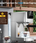 Heavy Duty Espresso Maker With Touchscreen Hot And Iced Coffee Brewer, showing cold brew function with iced water tank and glass.