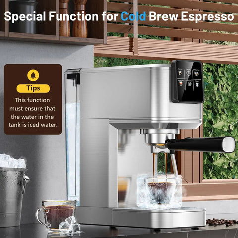 Heavy Duty Espresso Maker With Touchscreen Hot And Iced Coffee Brewer, showing cold brew function with iced water tank and glass.