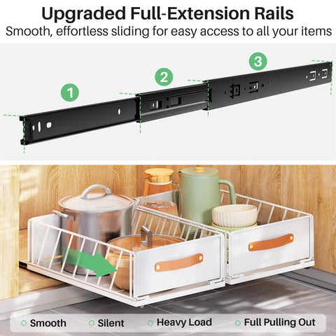Top Shelf Pull Out Cabinet Organizer With Adhesive Nano Film Hella Sturdy Slide Out Pantry Shelves And Sliding Mesh Basket With Handle For Kitchen Bathroom And Home 11 Point 8 By 15 Point 7 By 6 Point 2 Inches White with metal full-extension rails and containers.