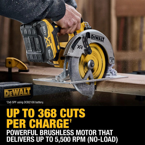 Game Changer 20V Max Brushless Cordless 7-1/4 Inch Circular Saw Kit With Fast Battery And Charger delivers precise cuts on wood plank.