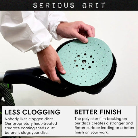 Person holding a Heavy Duty 9-Hole 40 Grit Drywall Sanding Disc for Festool Planex LHS 225 Sanders with hook and loop backing.