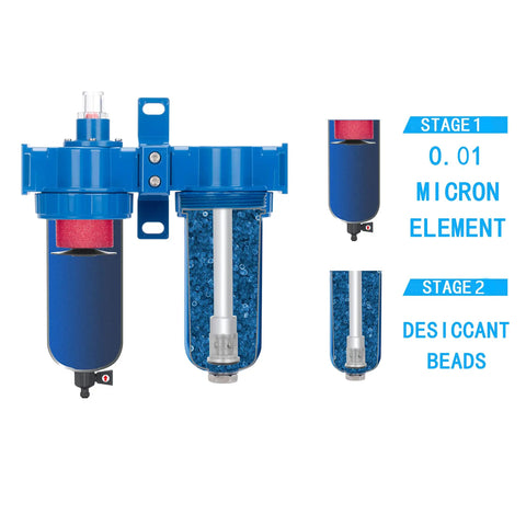 Pro Grade Coalescing Air Filter And Desiccant Dryer System With Poly Bowl, One Half Inch NPT, Perfect For Paint Spray And Plasma Cutter, Water Trap With Red Indicator, 0.01 Micron Element Removes 99.9 Percent Moisture And Oil