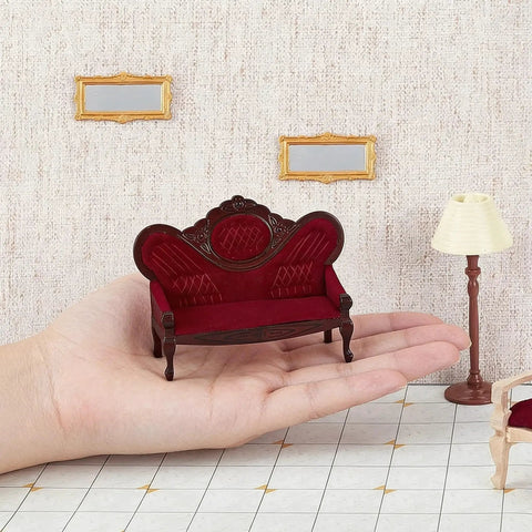 1:12 Scale Dollhouse Furniture Set Vintage Red Wooden Carved Sofa Bench And Armchairs For Living Room Decor Miniature