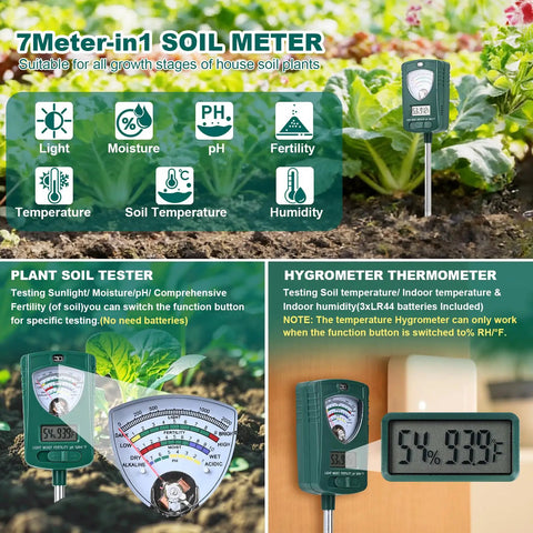 7 In 1 Soil Tester For Moisture PH Fertility Light Temperature Humidity With LCD Display And Pointer in garden soil