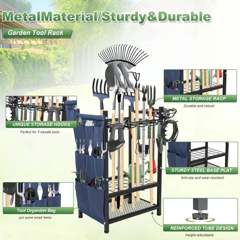 Beefed Up Garden Tool Organizer Rack For Garage And Shed, Metal Yard Tools Storage For Up To 46 Tools Including Shovels, Rakes And Brooms, With 11 Hooks And 35 Slots, Ideal For Garage Yard Patio Or Shed.