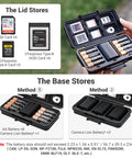 All In One Camera Battery And Memory Card Storage Case For Pro Gear with SD, CFexpress slots and battery storage open in hand