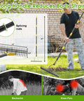 Heavy Duty Metal Dethatcher Rake With Adjustable Long Handle No Frills 5.5-Foot 19-Tine 15-Inch Wide Lawn Tool in use