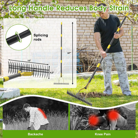 Heavy Duty Metal Dethatcher Rake With Adjustable Long Handle No Frills 5.5-Foot 19-Tine 15-Inch Wide Lawn Tool in use