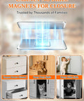 Super Strong Tio Bohem Ultra Thin Magnetic Cabinet Door Catch With No Drill Tool Free Adhesive Stainless Steel Latch For Quiet Close and Child Proof Secure Kitchen Bathroom Closet Or RV 6 Pack Bundle shown with safe pets and kids near cabinets.