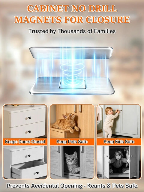 Super Strong Tio Bohem Ultra Thin Magnetic Cabinet Door Catch With No Drill Tool Free Adhesive Stainless Steel Latch For Quiet Close and Child Proof Secure Kitchen Bathroom Closet Or RV 6 Pack Bundle shown with safe pets and kids near cabinets.