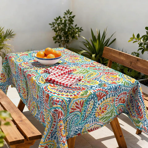 Outdoor Rectangle Tablecloth With Umbrella Hole And Zipper Water Repellent And Fade Resistant 60 By 84 Inch Paisley Multi Oblong Table Cover
