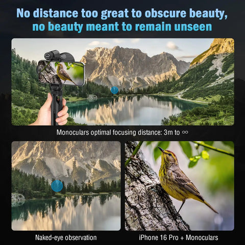 Clear 15x55 Monocular Telescope With Tripod And Phone Adapter For Adults, Crisp HD Long Range Birdwatching And Wildlife Observation, Compact Outdoor Spotting Scope For Travel And Nature Lovers. Handheld monocular with phone adapter capturing a bird.