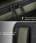 Close-up of sturdy zippers and breathable mesh shoulder straps on Carry On Travel Laptop Backpack For Airlines Personal Item With Shoe Compartment Water Resistant Weekender Overnight Bag That Fits A 17 Inch Laptop Under Seat Green.