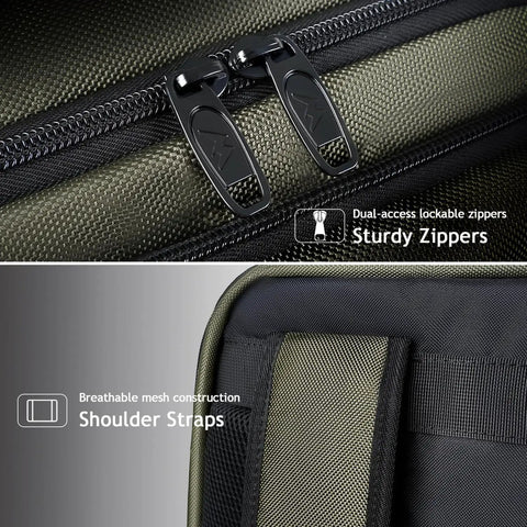 Close-up of sturdy zippers and breathable mesh shoulder straps on Carry On Travel Laptop Backpack For Airlines Personal Item With Shoe Compartment Water Resistant Weekender Overnight Bag That Fits A 17 Inch Laptop Under Seat Green.