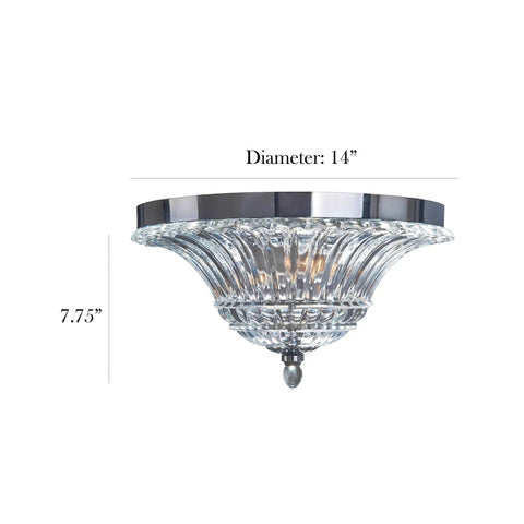 Two Light Glass Ceiling Light With Glacier Petal Shade In Chrome Finish Modern Flush Mount Ceiling Fixture, side view with dimensions