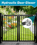 Outdoor Hydraulic Gate Closer Kit Six Pack TB200B Heavy Duty Gate Closer attached to black metal gate in garden setting