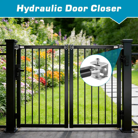 Outdoor Hydraulic Gate Closer Kit Six Pack TB200B Heavy Duty Gate Closer attached to black metal gate in garden setting