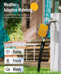 WiFi Water Timer For Garden Hose With App And Voice Control on outdoor faucet, showing weather-adaptive feature during rain
