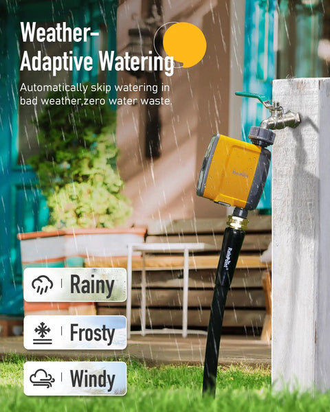 WiFi Water Timer For Garden Hose With App And Voice Control on outdoor faucet, showing weather-adaptive feature during rain