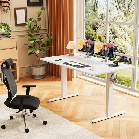 Electric Standing Desk With 3 Memory Presets, 48x24 Inch Sit Stand Office Desk, Adjustable Height, White Finish in home office setup