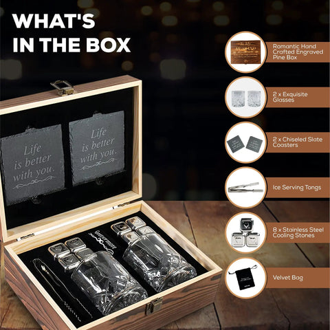 Engraved Whiskey Glass Gift Set For Husband With Whiskey Stones In A Pine Box Romantic Anniversary Present For Him A Keepsake