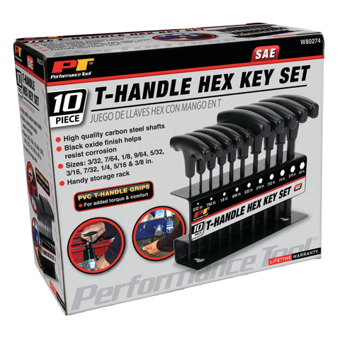 SAE T Handle Allen Wrench Set By Performance Tool 10 Piece Long Arm Hex Keys With Heat Treated Alloy Steel Shafts Box Front