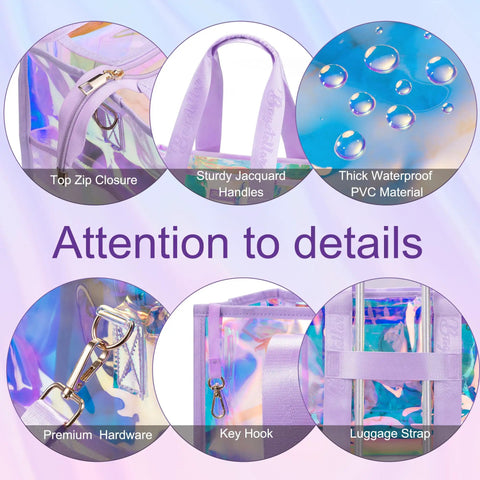 Details of 3-In-1 Iridescent Clear Beach Tote Set With Zipper Waterproof Phone Pouch And Makeup Bag featuring hardware and jacquard handles