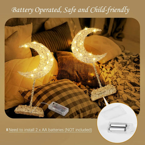 Moon Shaped Ramadan Desk Lamp Battery Powered With Warm White Led Wrought Iron Frame Cozy Bedside Nightstand Light