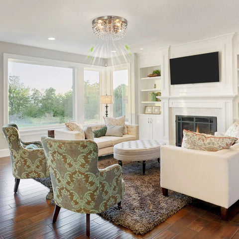 Cool Low Profile Boho Ceiling Fan With Light And Remote Control in living room, crystal cage design, modern flush mount.