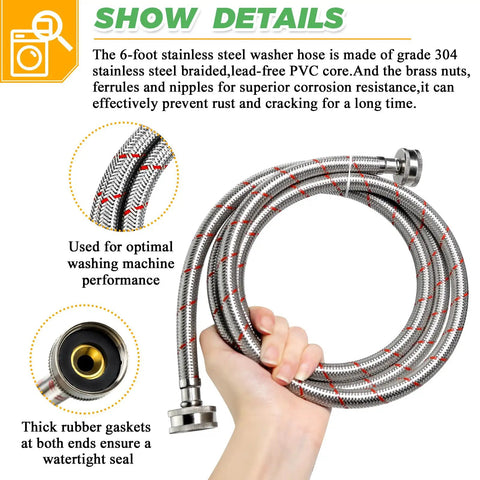 Person holding 6 Foot Stainless Steel Braided Washing Machine Hoses Burst Proof Hot And Cold Water Supply Lines Universal Fit