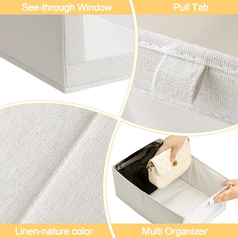12 Pack Beige Linen Closet Organizers With Clear Window Views And Quick Fold Frame Breathable Storage Baskets For Shelves clothes shown with pull tab.
