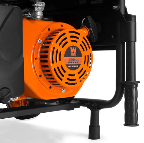 Close-up of the 223cc engine of the Heavy Duty 4750 Watt Portable Generator With Electric Start And Wheel Kit.