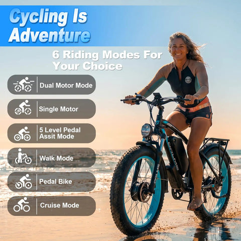 Woman riding Badass 9000W Dual Motor Electric Bike For Adults on beach, showcasing six riding modes